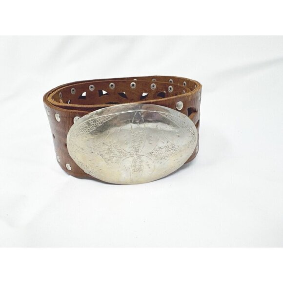 Chico's Sz M Wide Brown GENUINE LEATHER Studded Cowgirl Western Belt Perforated - Picture 7 of 9